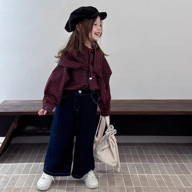 Children's clothing Girls' shirts Shawl plaid casual outdoor tops 2025 spring and autumn clothing new children's clothing trend