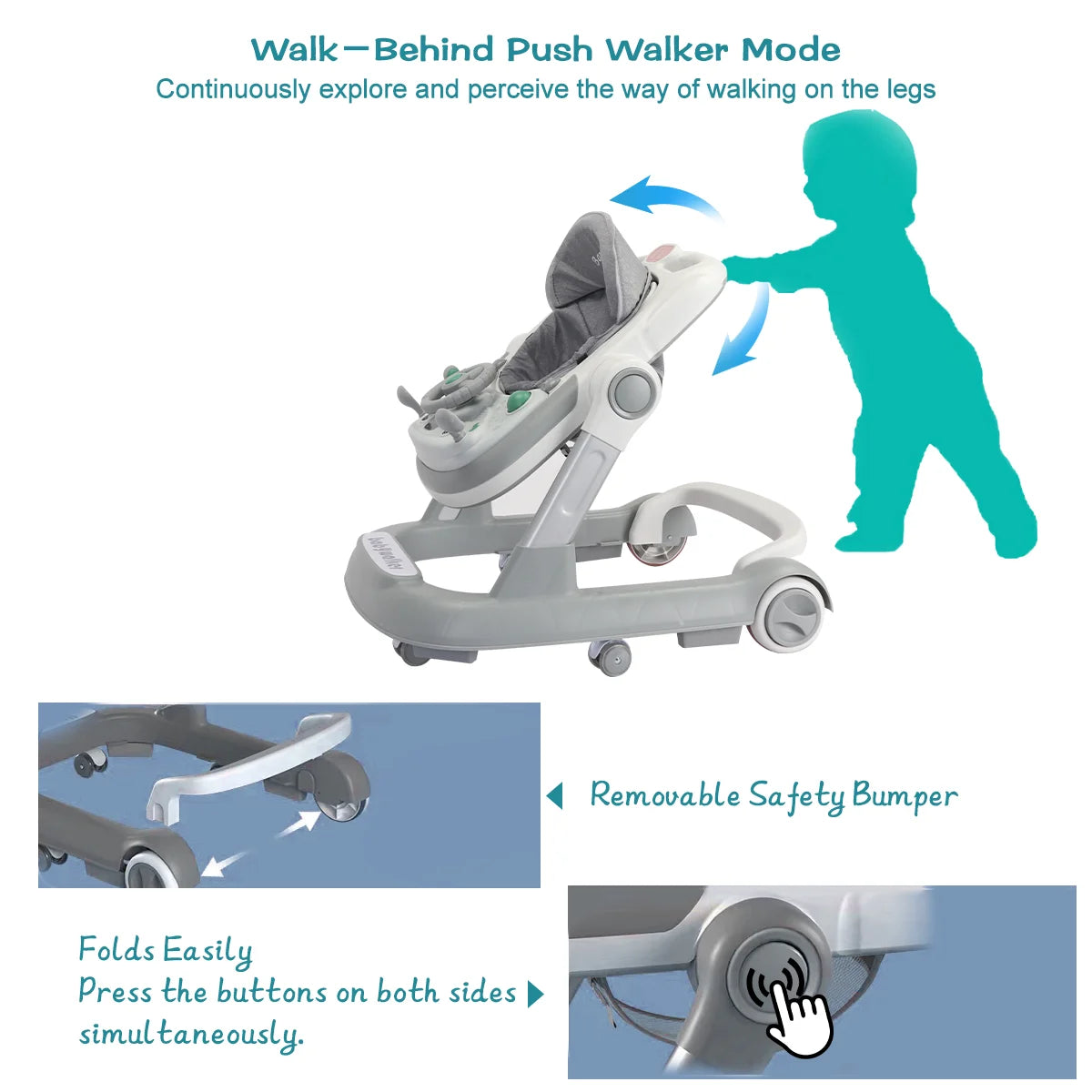 Foldable Baby Activity Walker, Push Walker with Removable Feeding Tray and Music Tray(without batteries) for 6 Months & Up Baby