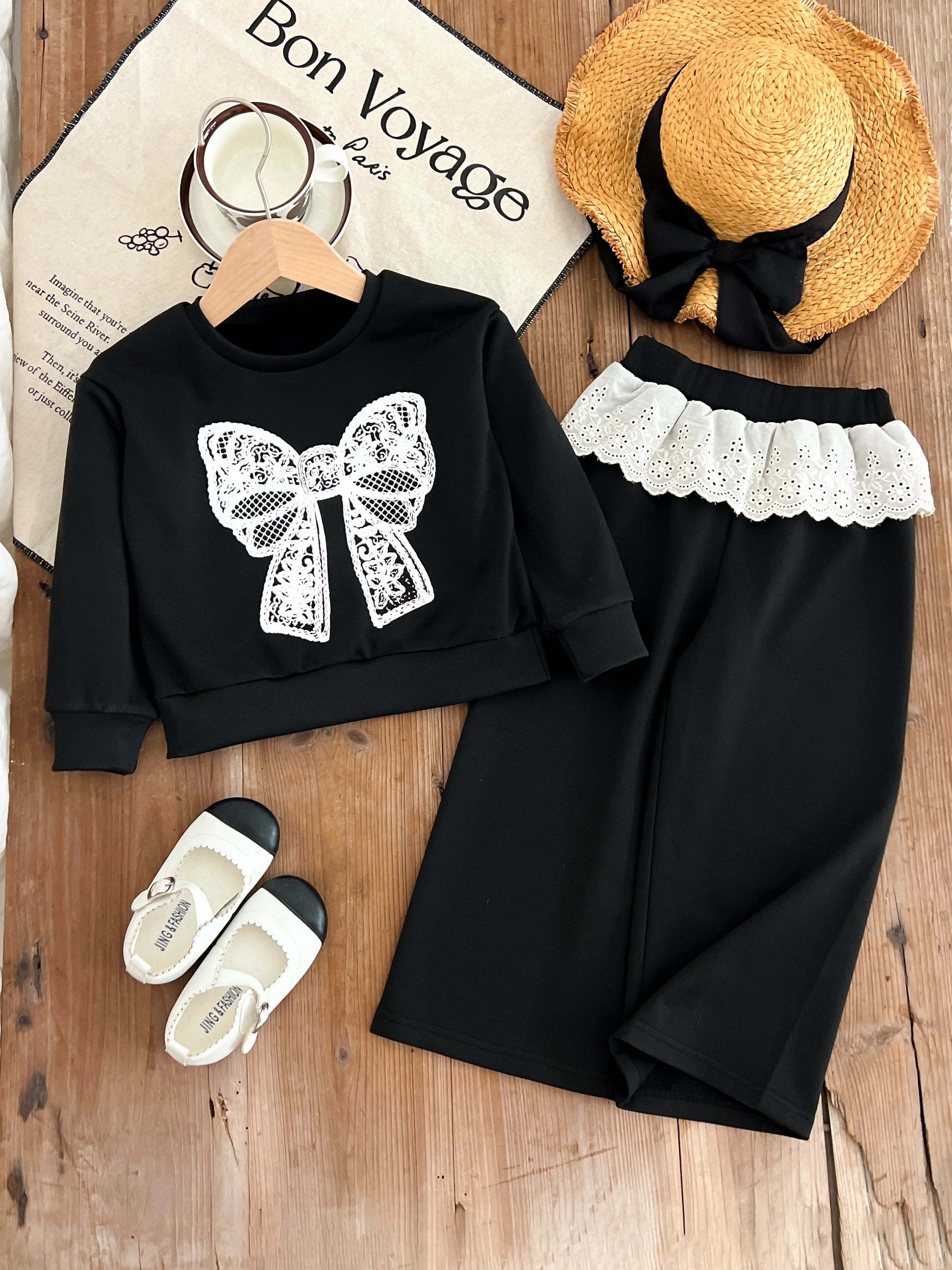 children's clothing for 3-7 years white bow printed long-sleeved top + pants autumn girls set