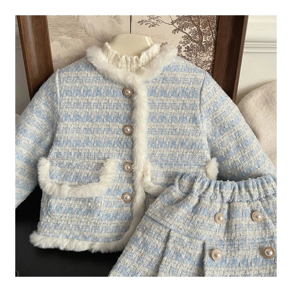 Children's Clothing Sets Tweed Scented Suit Fleece Coat + Pleated Skirt 2pcs Sets Baby Girl Clothes Kids Clothes 2 To 7 Years