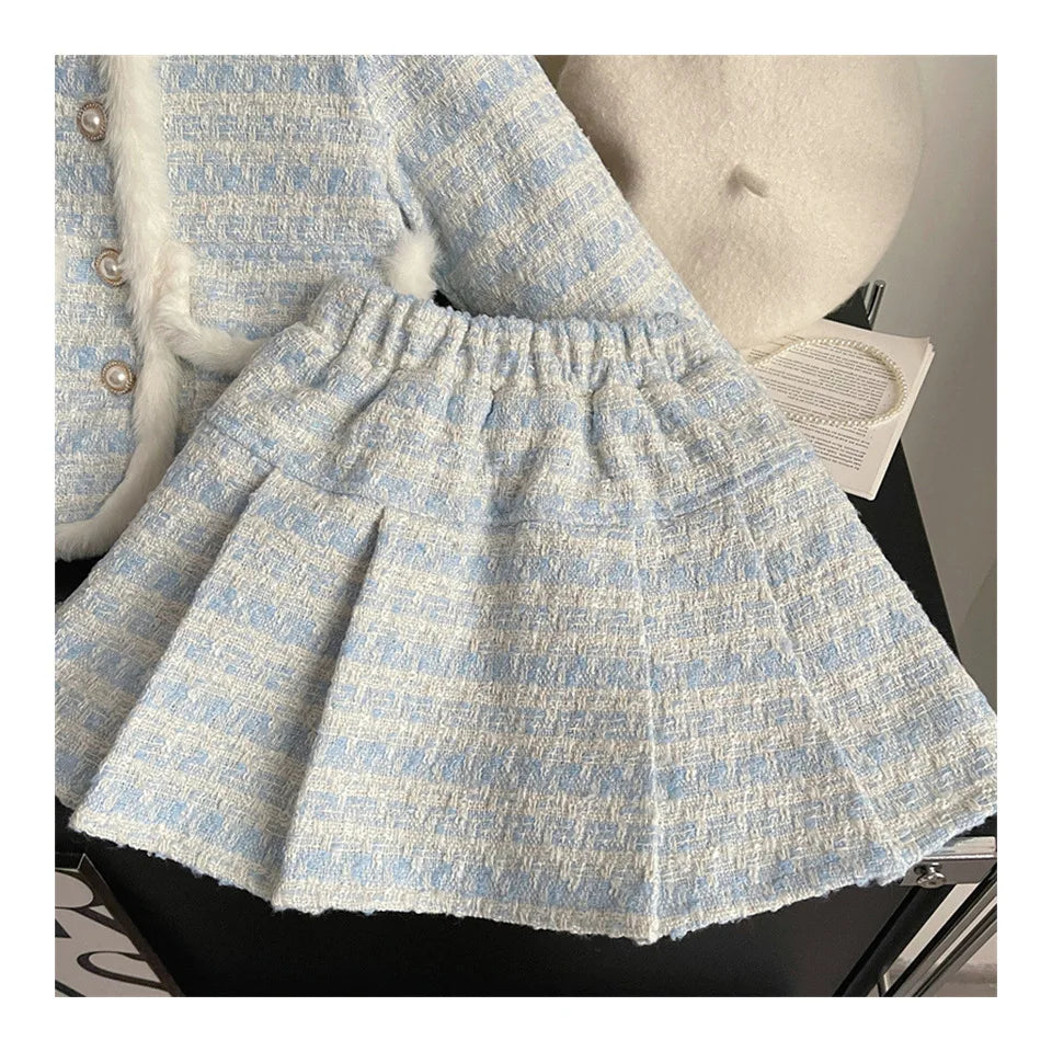 Children's Clothing Sets Tweed Scented Suit Fleece Coat + Pleated Skirt 2pcs Sets Baby Girl Clothes Kids Clothes 2 To 7 Years
