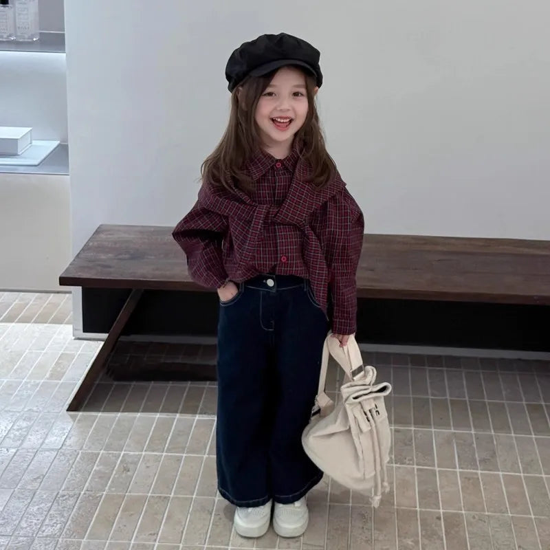 Children's clothing Girls' shirts Shawl plaid casual outdoor tops 2025 spring and autumn clothing new children's clothing trend