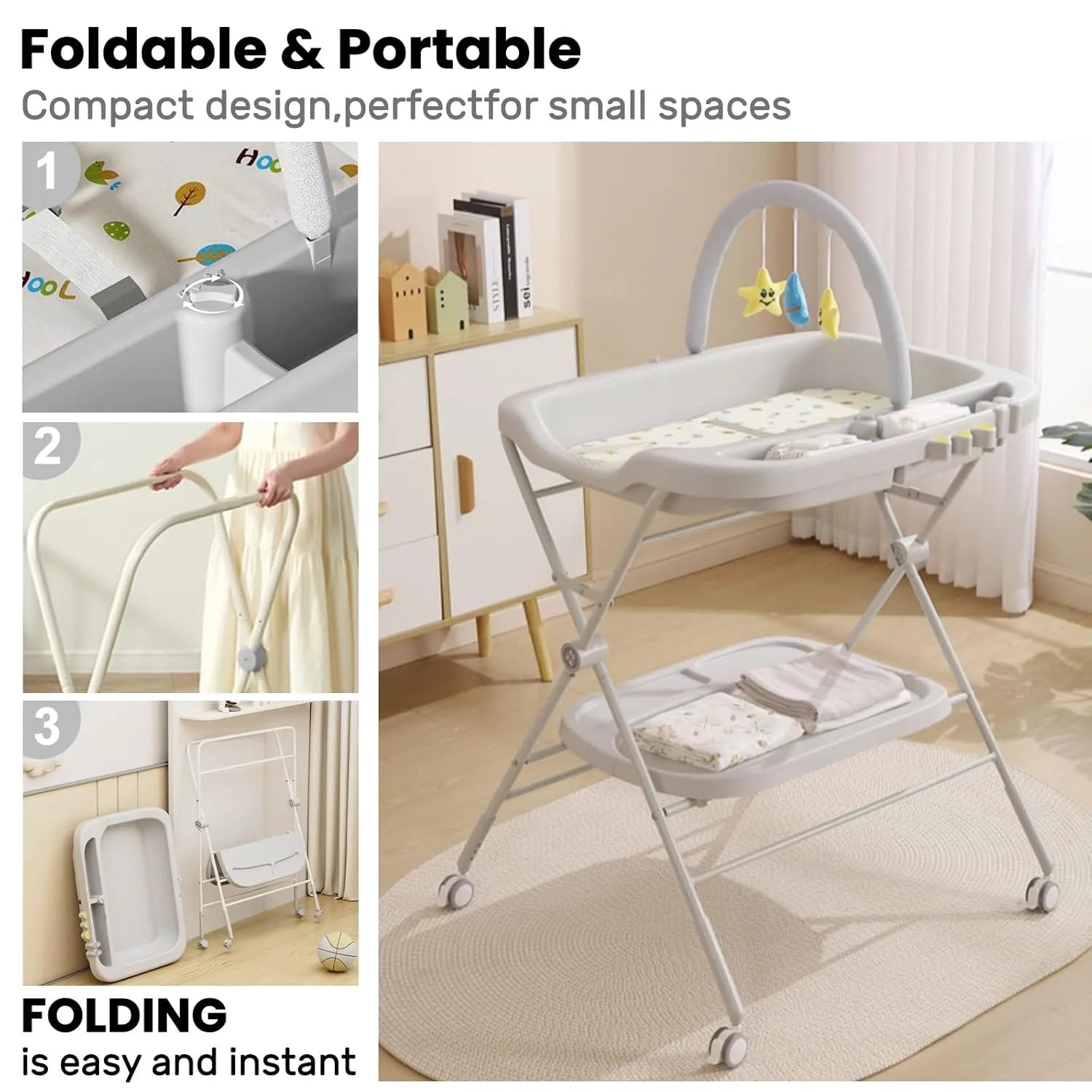 Baby Portable Diaper Changing Table, Folding Diaper Changing Station with Wheels, Adjustable Height Diaper Station with Nursery