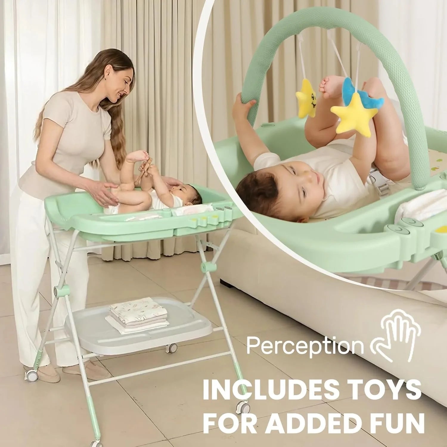 Baby Portable Diaper Changing Table, Folding Diaper Changing Station with Wheels, Adjustable Height Diaper Station with Nursery