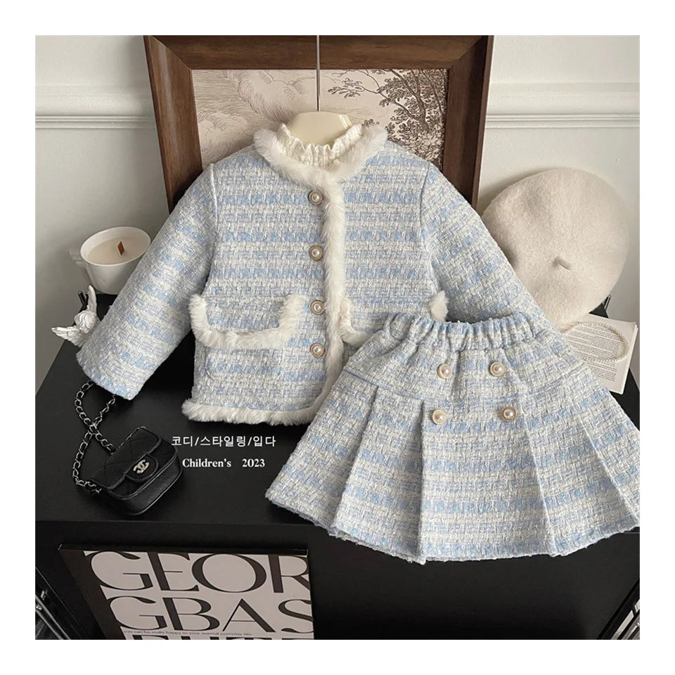 Children's Clothing Sets Tweed Scented Suit Fleece Coat + Pleated Skirt 2pcs Sets Baby Girl Clothes Kids Clothes 2 To 7 Years