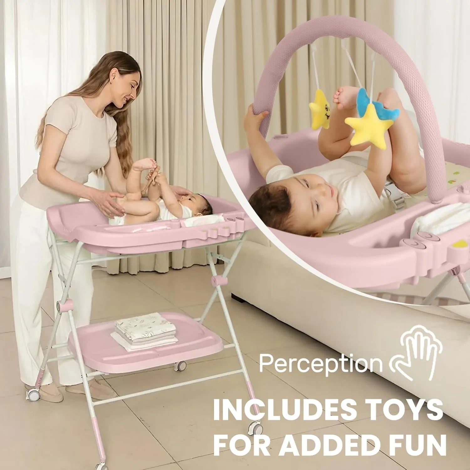 Baby Portable Diaper Changing Table, Folding Diaper Changing Station with Wheels, Adjustable Height Diaper Station with Nursery