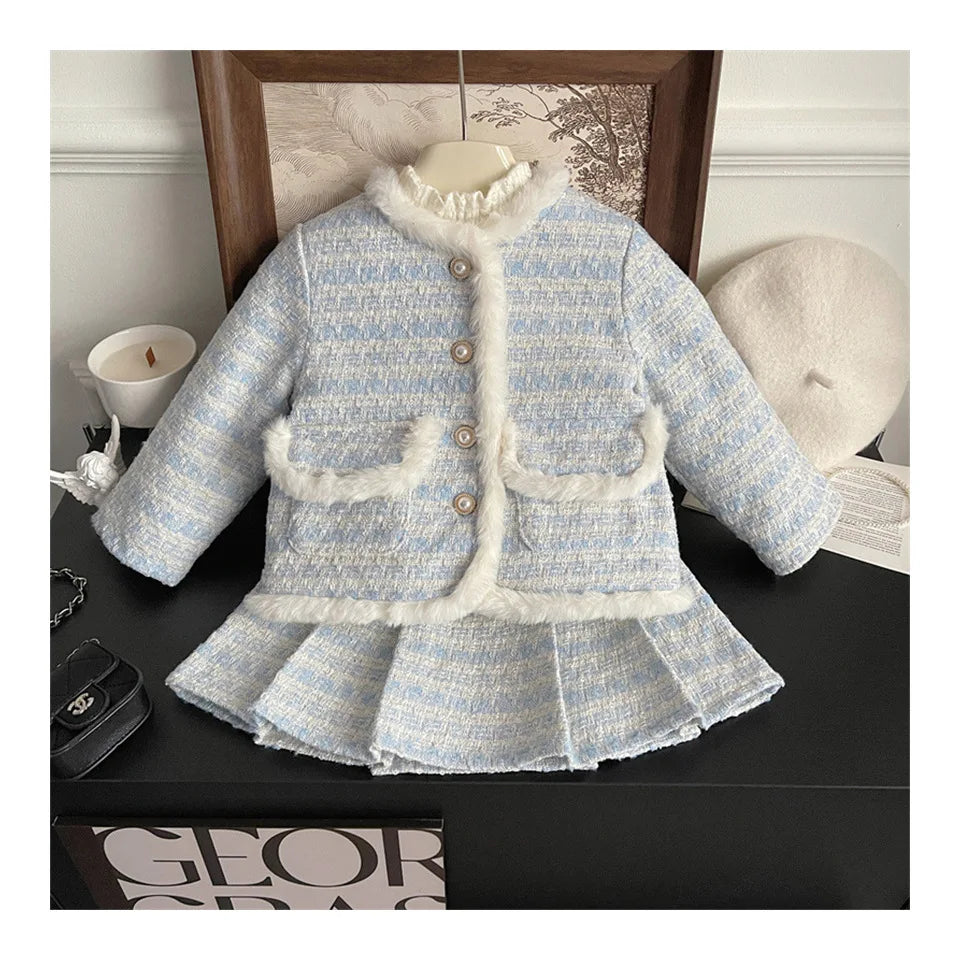 Children's Clothing Sets Tweed Scented Suit Fleece Coat + Pleated Skirt 2pcs Sets Baby Girl Clothes Kids Clothes 2 To 7 Years