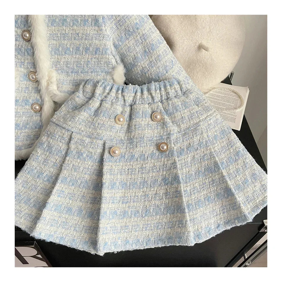 Children's Clothing Sets Tweed Scented Suit Fleece Coat + Pleated Skirt 2pcs Sets Baby Girl Clothes Kids Clothes 2 To 7 Years