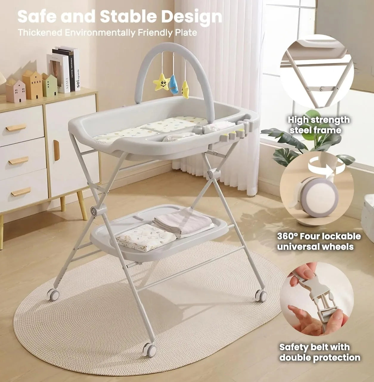 Baby Portable Diaper Changing Table, Folding Diaper Changing Station with Wheels, Adjustable Height Diaper Station with Nursery