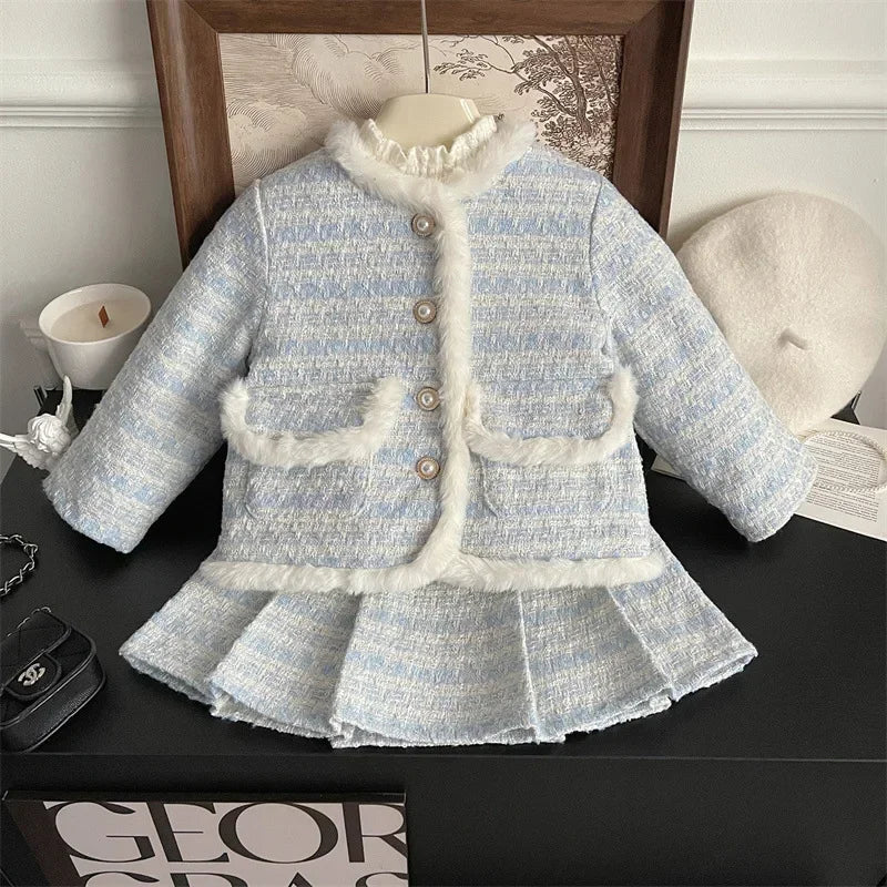 Children's Clothing Sets Tweed Scented Suit Fleece Coat + Pleated Skirt 2pcs Sets Baby Girl Clothes Kids Clothes 2 To 7 Years