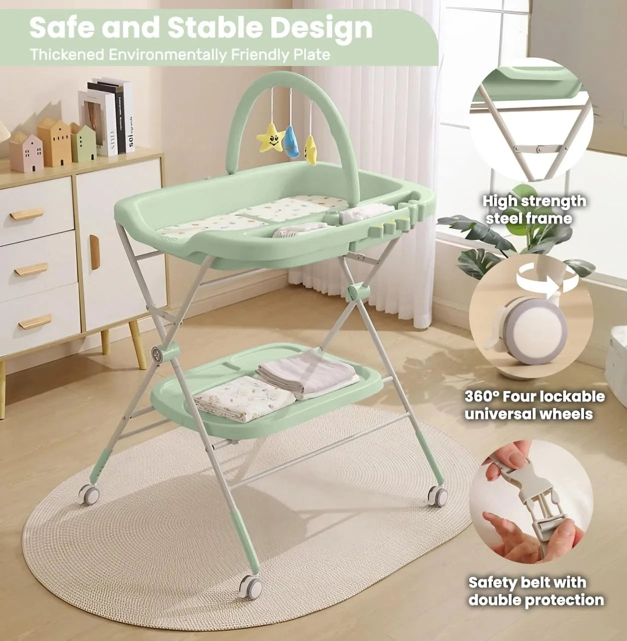 Baby Portable Diaper Changing Table, Folding Diaper Changing Station with Wheels, Adjustable Height Diaper Station with Nursery